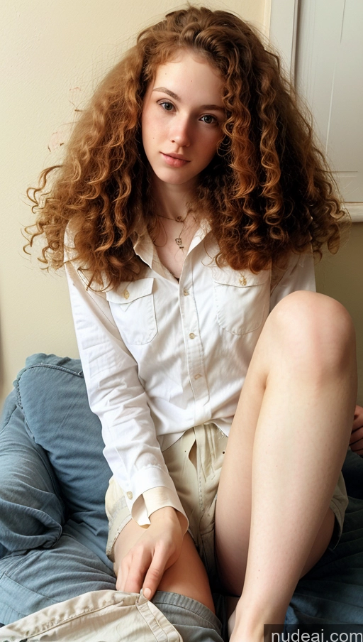 ai nude image of arafed woman sitting on a bed with a book in her lap pics of Curly Hair Ginger Fairer Skin Skinny 18 70s Spread_legs, Pussy, Split_legs