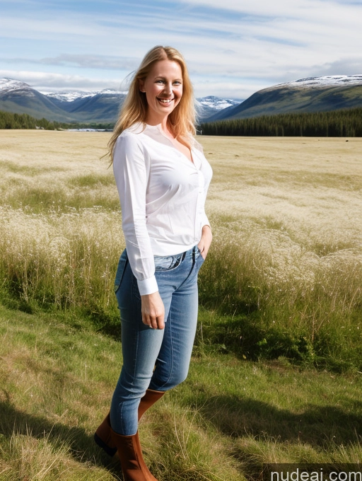 ai nude image of blonde woman standing in a field of grass with mountains in the background pics of Model One Perfect Boobs 40s Happy Long Hair Meadow Front View Jeans Fairer Skin Ginger Scandinavian Boots Shirt