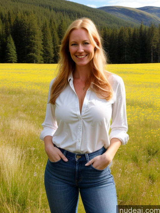 ai nude image of blonde woman in a white shirt and jeans standing in a field pics of Model One Perfect Boobs 40s Happy Long Hair Meadow Front View Jeans Fairer Skin Ginger Scandinavian Boots Shirt