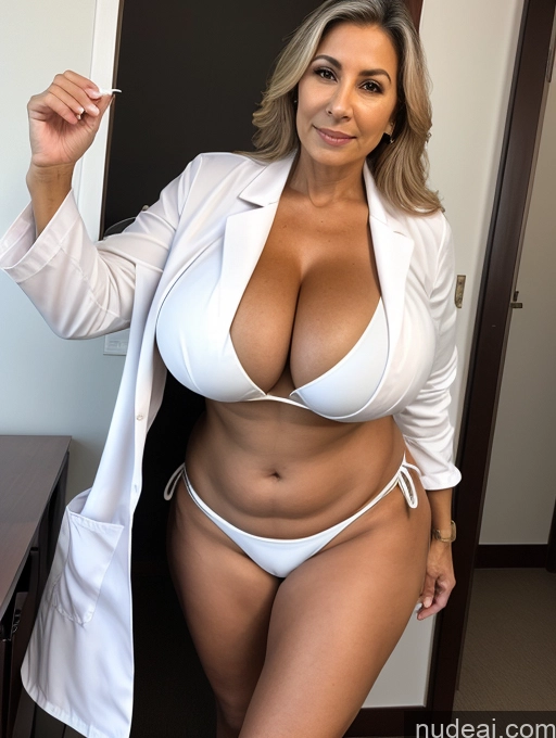 ai nude image of arafed woman in a white shirt and white panties posing for a picture pics of Milf One Busty Huge Boobs Tanned Skin 70s Brazilian Front View Doctor Microkini Lab Coat Thong