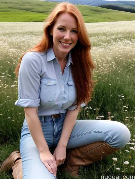 ai nude image of smiling woman sitting in a field of flowers with a sky background pics of Model One Perfect Boobs 40s Happy Long Hair Meadow Front View Jeans Fairer Skin Ginger Boots Shirt Swedish