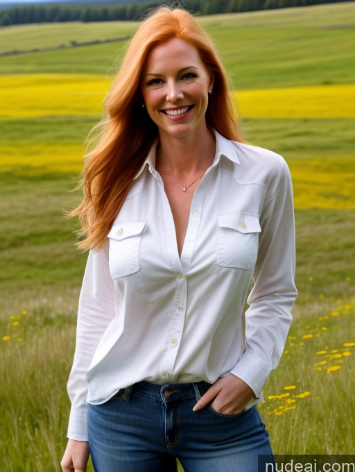 ai nude image of smiling woman in white shirt and jeans standing in a field pics of Model One Perfect Boobs 40s Happy Long Hair Meadow Front View Jeans Fairer Skin Ginger Shirt Swedish