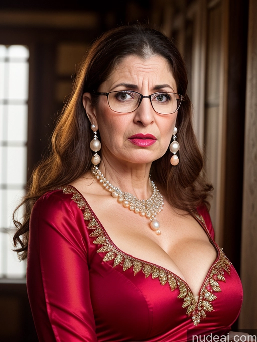 ai nude image of there is a woman in a red dress and glasses posing for a picture pics of Milf Busty Skinny Short Pregnant 50s Shocked Angry Ginger Glasses Jewish Front View Dress Traditional Medieval Pearl Jewelry Lipstick Straight