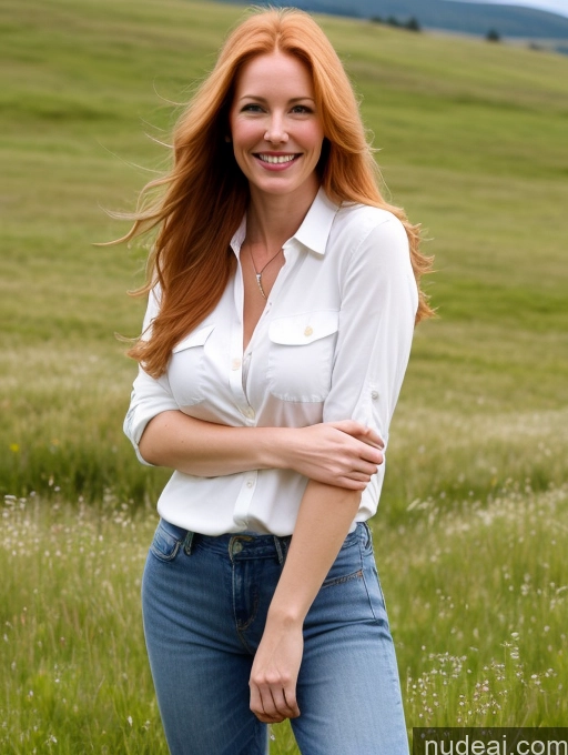 ai nude image of smiling woman in a field of grass with a white shirt and jeans pics of Model One Perfect Boobs 40s Happy Long Hair Meadow Front View Jeans Fairer Skin Shirt Ginger Russian