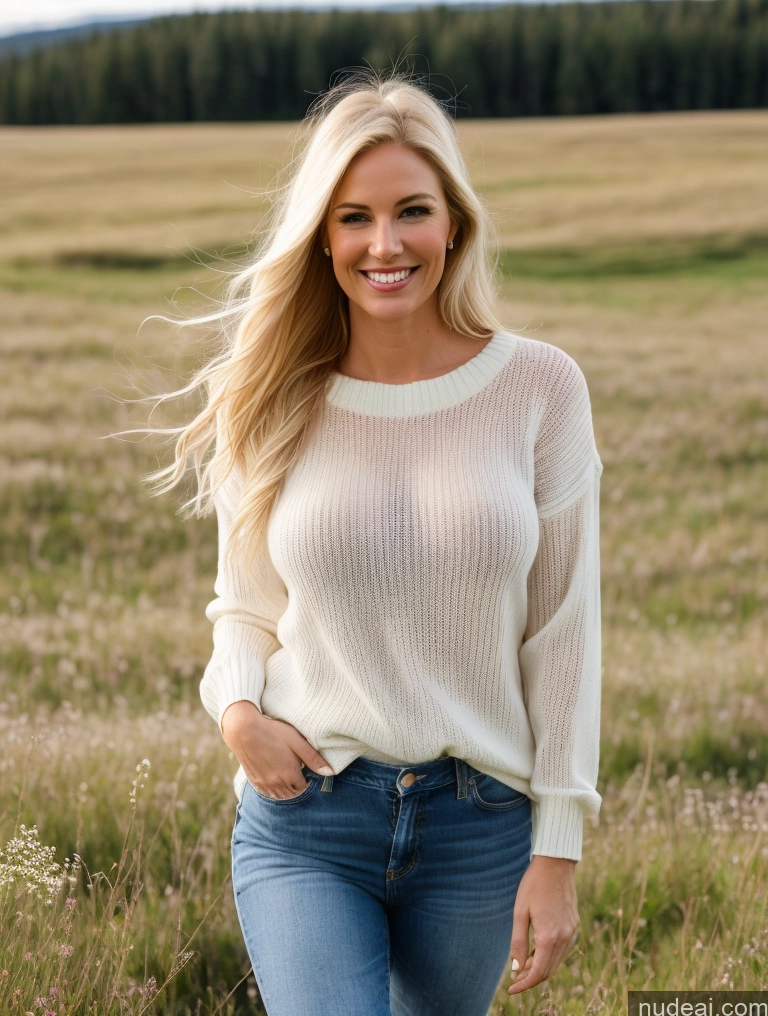 ai nude image of blonde woman in a white sweater and jeans standing in a field pics of Model One Perfect Boobs 40s Happy Long Hair Meadow Front View Jeans Fairer Skin Sweater Transparent Persian Blonde