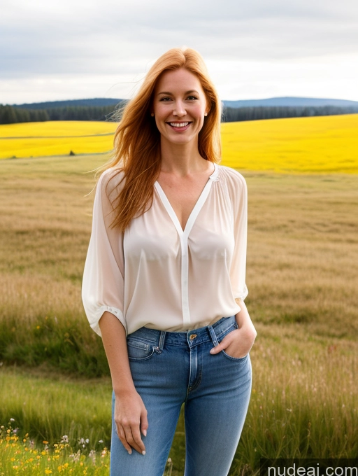 ai nude image of smiling woman in a field of yellow flowers with a cloudy sky pics of Model One Perfect Boobs 40s Happy Long Hair Meadow Front View Jeans Fairer Skin Transparent Blouse Swedish Ginger