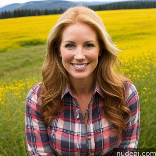 ai nude image of arafed woman in plaid shirt standing in a field of yellow flowers pics of One Perfect Boobs 40s Happy Long Hair Meadow Front View Jeans Fairer Skin Irish Blonde Model Lumberjack Shirt