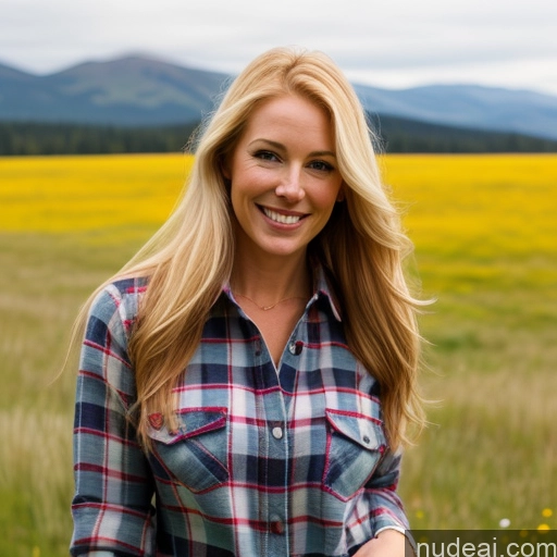 ai nude image of blond woman in plaid shirt standing in field of yellow flowers pics of One Perfect Boobs 40s Happy Long Hair Meadow Front View Jeans Fairer Skin Irish Blonde Model Lumberjack Shirt