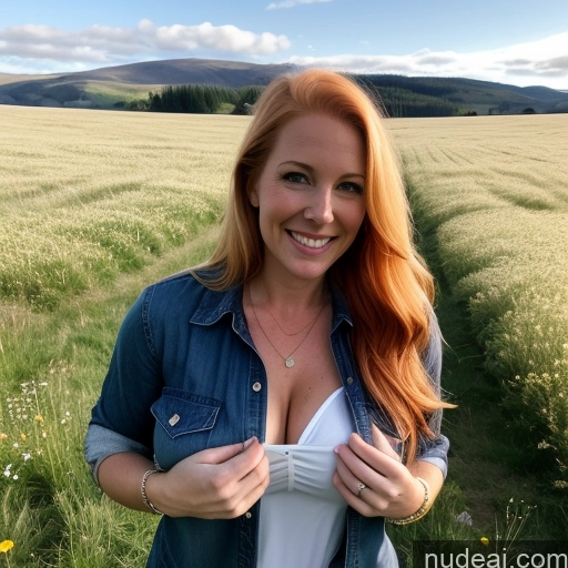 ai nude image of smiling woman in a field of grass with a blue jean jacket pics of One Perfect Boobs 40s Happy Long Hair Meadow Front View Jeans Fairer Skin Irish Blonde Model Lumberjack Shirt Cleavage