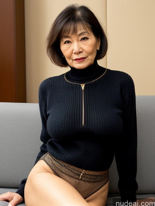 ai nude image of there is a woman sitting on a couch with a black top pics of Milf Perfect Boobs Beautiful Lipstick Perfect Body Pubic Hair Short Hair Couch Professor Secretary Stylish Sweater Topless Dark Lighting Detailed Sexy Face Japanese 80s