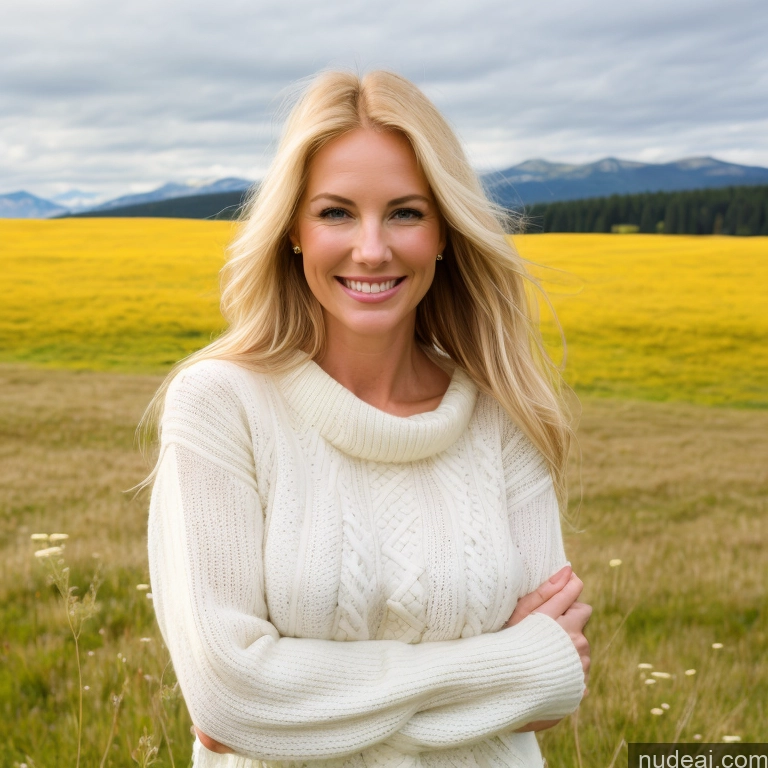 ai nude image of blond woman in a white sweater standing in a field of yellow flowers pics of One Perfect Boobs 40s Happy Long Hair Meadow Front View Fairer Skin Model Russian Blonde Jeans Sweater