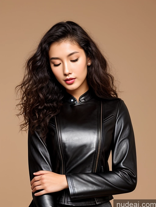 ai nude image of arafed woman in a black leather jacket and skirt posing for a picture pics of Model One 18 Vietnamese Leather Curly Hair Brunette Skinny Orgasm