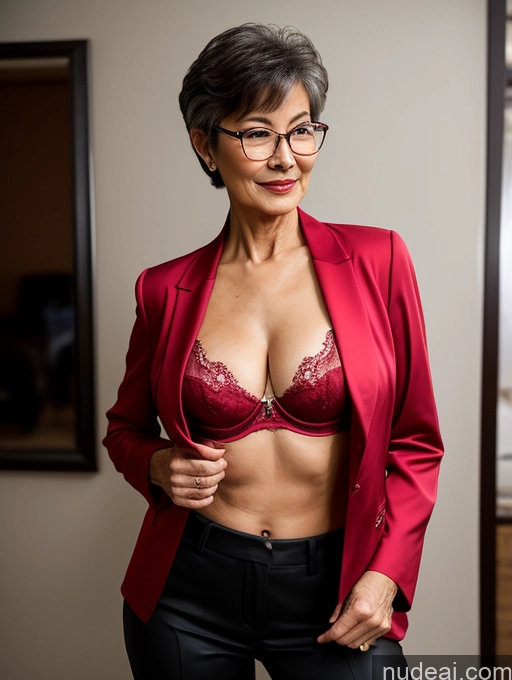 ai nude image of there is a woman in a red jacket and black pants posing for a picture pics of Milf Perfect Boobs Beautiful Glasses Perfect Body 70s Pixie Chinese Party Blouse Bra Jacket Stylish Suit Cleavage Dark Lighting Detailed