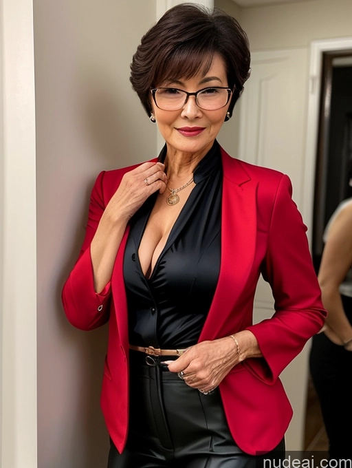 ai nude image of there is a woman in a red jacket and black top posing pics of Milf Perfect Boobs Beautiful Glasses Perfect Body 70s Pixie Chinese Party Blouse Bra Jacket Stylish Suit Cleavage Dark Lighting Detailed