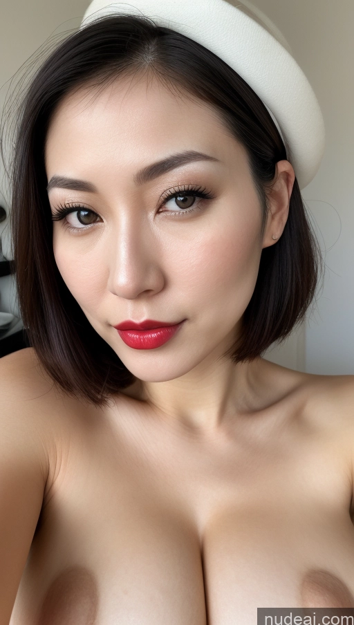 ai nude image of arafed asian woman with a white hat and red lipstick pics of Woman One Huge Boobs Beautiful Lipstick Fairer Skin 30s Black Hair Close-up View Simple Detailed Japanese Bobcut