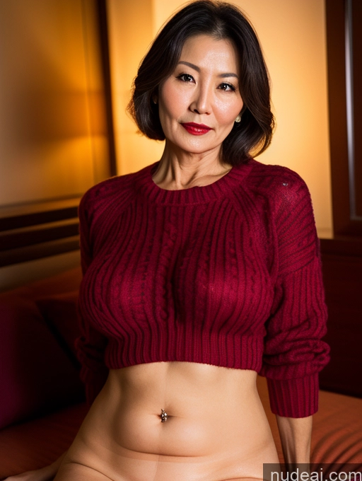 ai nude image of arafed asian woman in a red sweater and panties posing on a bed pics of Milf Perfect Boobs Lipstick Pubic Hair Chinese Sweater Partially Nude Dark Lighting Detailed