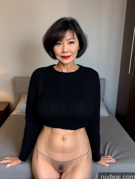 ai nude image of there is a woman in a black sweater posing on a bed pics of Milf Perfect Boobs Lipstick Pubic Hair Chinese Sweater Partially Nude Dark Lighting Detailed Short Hair 60s