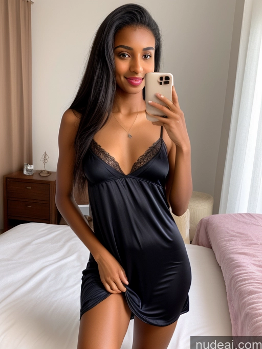 ai nude image of there is a woman taking a selfie in a black dress pics of Small Tits Lipstick Small Ass Skinny Abs Pubic Hair Tanned Skin 18 Black Hair Straight Ethiopian Nightgown