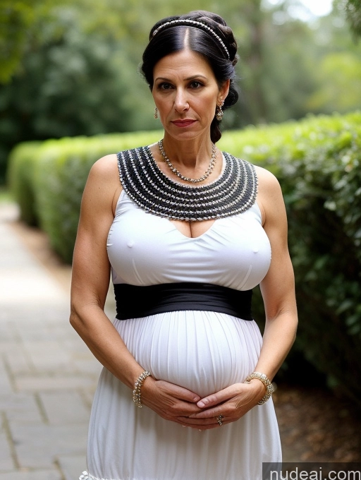 ai nude image of pregnant woman in white dress standing in front of bushes and trees pics of Milf Huge Boobs Skinny Short Pregnant 50s Shocked Ponytail Jewish Dress Victorian Casual Pearl Jewelry Serious Black Hair