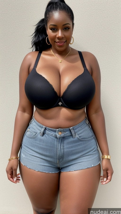 ai nude image of araffe woman in a black bra top and denim shorts posing for a picture pics of Woman One Huge Boobs Busty Fat Big Ass Short 20s Black Hair Ponytail Black Boots Daisy Dukes Push-up Bra Cleavage Gold Jewelry