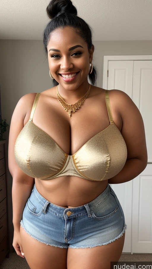 ai nude image of araffe woman in a gold bra top and denim shorts posing for a picture pics of Woman One Huge Boobs Busty Fat Big Ass Short 20s Sexy Face Happy Black Hair Pigtails Black Boots Daisy Dukes Crop Top Push-up Bra Cleavage Gold Jewelry