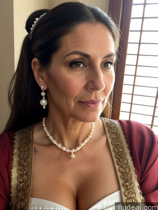 ai nude image of there is a woman wearing a red jacket and pearls and a necklace pics of Milf Huge Boobs Skinny Short Pregnant 50s Shocked Ponytail Jewish Dress Pearl Jewelry Serious Black Hair Medieval Traditional