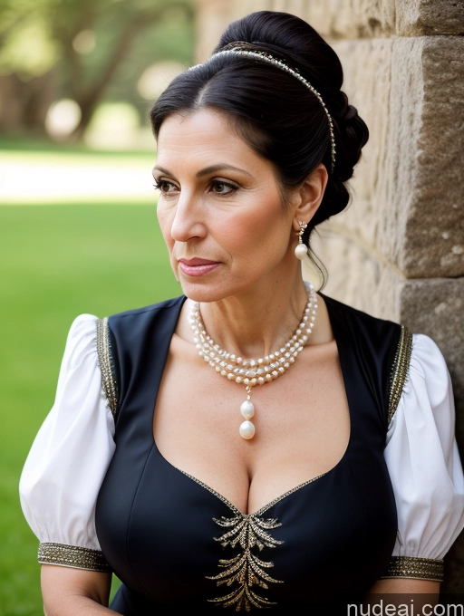 ai nude image of there is a woman wearing a black dress and a pearl necklace pics of Milf Huge Boobs Skinny Short Pregnant 50s Shocked Ponytail Jewish Dress Pearl Jewelry Serious Black Hair Medieval Traditional