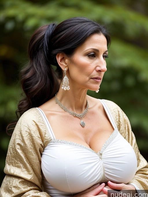 ai nude image of there is a woman in a white bra top and gold jacket pics of Milf Huge Boobs Skinny Short Pregnant 50s Shocked Ponytail Jewish Dress Pearl Jewelry Serious Black Hair Medieval Traditional