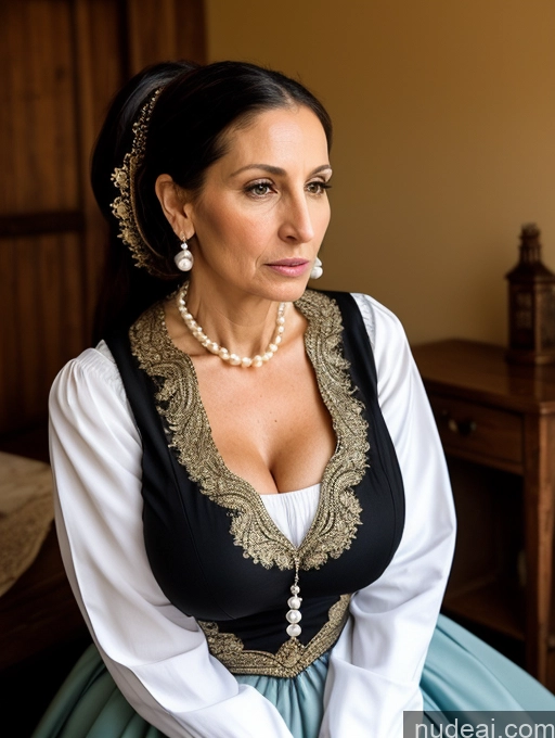 ai nude image of there is a woman in a dress sitting on a bed pics of Milf Huge Boobs Skinny Short Pregnant 50s Shocked Ponytail Jewish Dress Pearl Jewelry Serious Black Hair Medieval Traditional Long Skirt