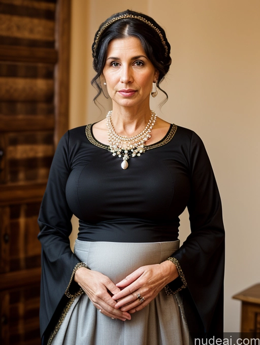 ai nude image of there is a woman in a black dress and a necklace pics of Milf Huge Boobs Skinny Short Pregnant 50s Shocked Ponytail Jewish Dress Pearl Jewelry Serious Black Hair Medieval Traditional Long Skirt