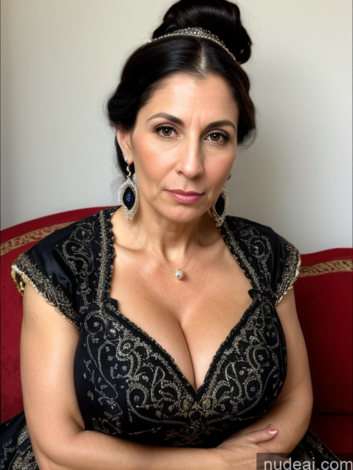 ai nude image of there is a woman sitting on a red couch wearing a black dress pics of Milf Huge Boobs Skinny Short Pregnant 50s Shocked Ponytail Jewish Dress Pearl Jewelry Serious Black Hair Medieval Traditional Long Skirt