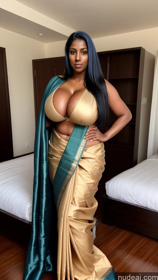 ai nude image of araffe woman in a sari posing in a hotel room pics of Woman Busty Beautiful Abs Big Ass Big Hips Tall Dark Skin 50s Sexy Face Straight Indian Bedroom Front View T-pose Detailed Huge Boobs Perfect Body Sari Seductive Blue Hair