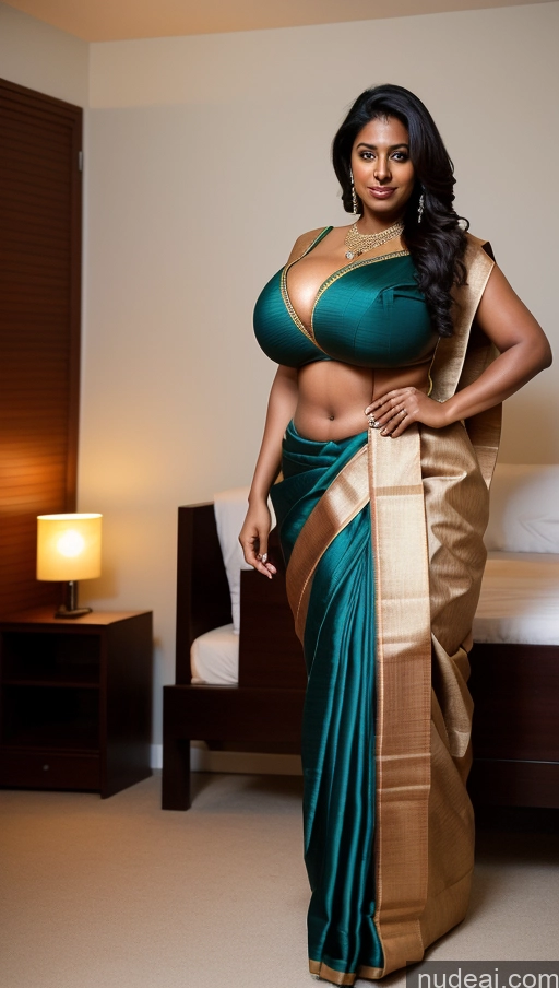 ai nude image of there is a woman in a green sari posing for a picture pics of Woman Busty Beautiful Abs Big Ass Big Hips Tall Dark Skin 50s Sexy Face Straight Indian Bedroom Front View T-pose Detailed Huge Boobs Sari Seductive Black Hair Thick