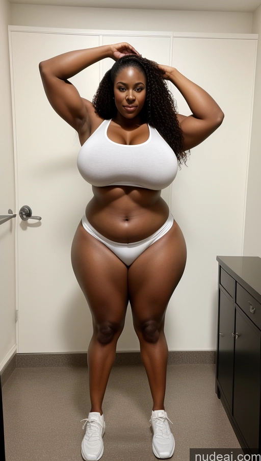 ai nude image of araffe woman in white underwear posing in a room pics of Huge Boobs Muscular Big Ass Abs Chubby Fairer Skin Long Hair Black Changing Room Tank Top