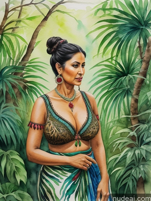 ai nude image of a painting of a woman in a dress standing in a jungle pics of Milf Small Tits Hair Bun Brunette Watercolor Jungle Traditional Indian Dark Skin