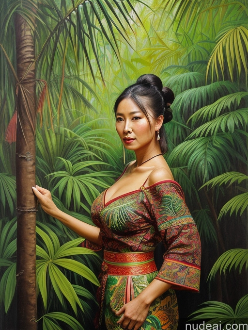 ai nude image of painting of a woman in a colorful dress standing in front of a tree pics of Milf Small Tits Hair Bun Brunette Jungle Traditional Dark Skin Painting Chinese