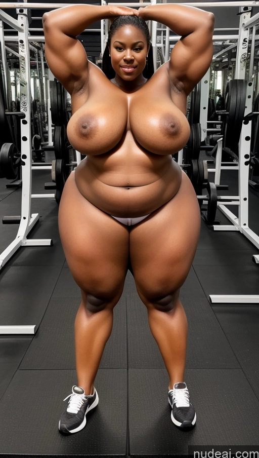 ai nude image of arafed woman posing in a gym with a barbell pics of Huge Boobs Big Ass Abs Chubby Fairer Skin Muscular Black Working Out