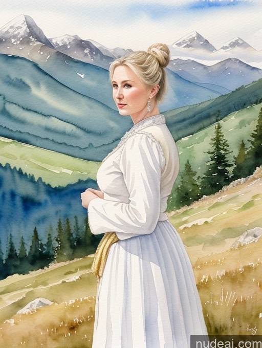 ai nude image of painting of a woman in a white dress standing in a field pics of Milf Small Tits Hair Bun Traditional Fairer Skin Blonde British Watercolor Mountains