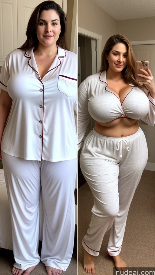 ai nude image of arafed woman in white pajamas and a white shirt taking a selfie pics of Huge Boobs Big Ass Abs Chubby Fairer Skin Indian Pajamas