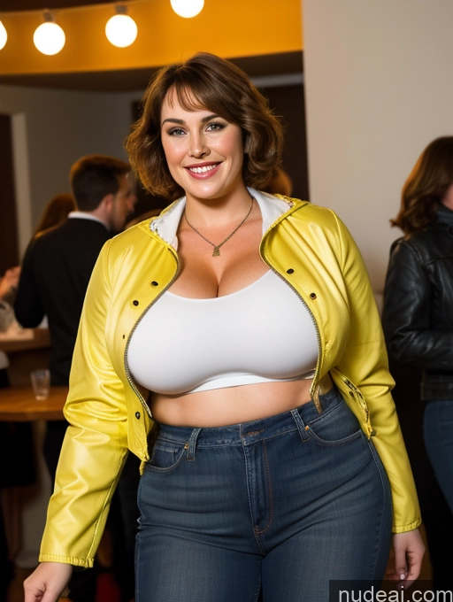 ai nude image of there is a woman in a yellow jacket and jeans posing for a picture pics of Athlete Huge Boobs Thick Chubby Big Hips Short Fairer Skin 60s Happy Brunette Bobcut White Boots Traditional Cleavage Bright Lighting Detailed Sexy Face Jeans Jacket Shirt Mintcastella Party