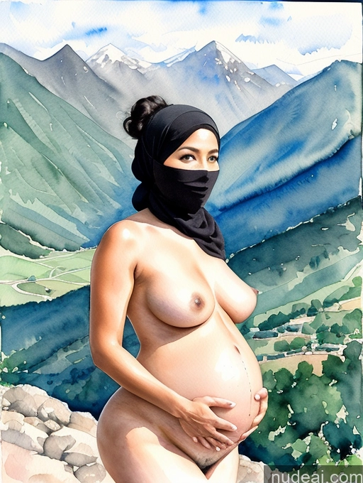 ai nude image of pregnant woman with black scarf and black head scarf standing in front of a mountain pics of Milf Small Tits Hair Bun Mountains Asian Nude Dark Skin 30s Pregnant Watercolor Black Hair Niqab