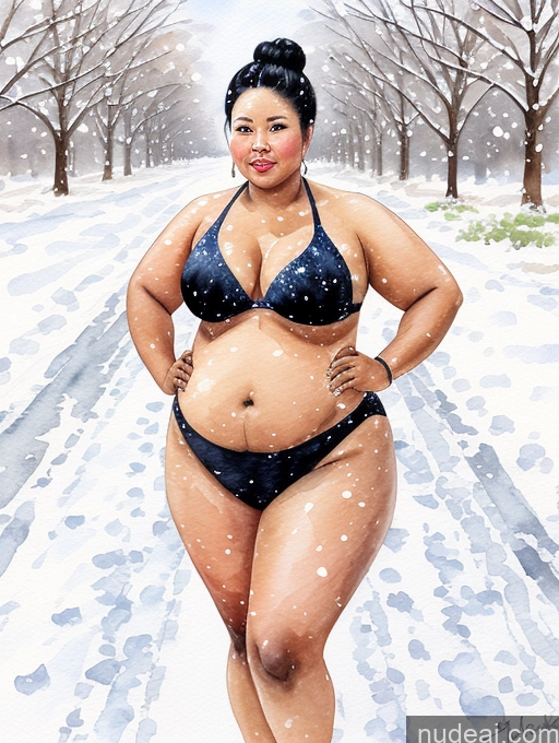 ai nude image of painting of a woman in a bikini standing in the snow pics of Milf Hair Bun Asian Dark Skin 30s Black Hair Fat Big Hips Big Ass Snow Bikini Watercolor