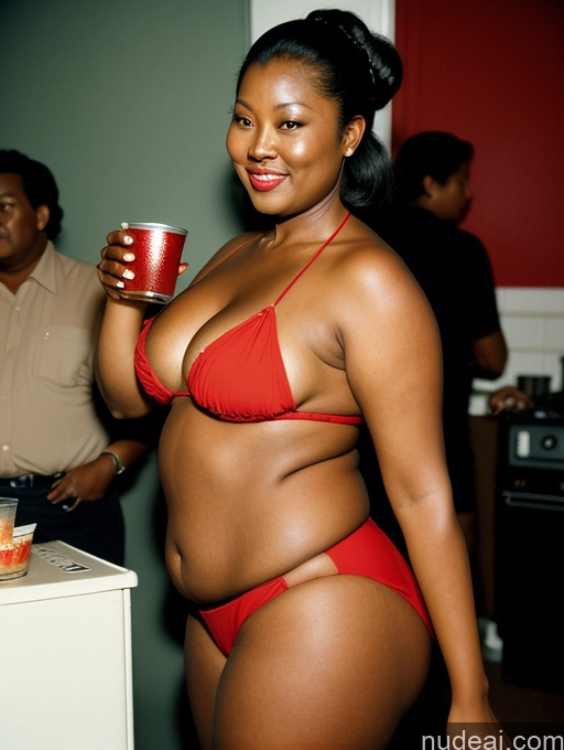 ai nude image of there is a woman in a red bikini holding a cup pics of Milf Hair Bun Asian Dark Skin 30s Black Hair Fat Big Hips Big Ass Bikini Party Vintage