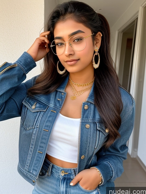 ai nude image of a woman wearing a denim jacket and a white top pics of Sorority Beautiful 18 Ponytail Indian Diamond Jewelry Gold Jewelry Jewelry Thin Round Glasses Jacket