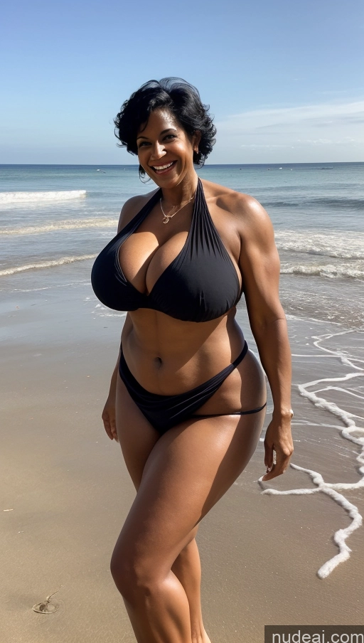 ai nude image of araffe woman in a black bikini standing on the beach pics of Milf Busty Huge Boobs Beautiful Tattoos Big Ass 50s Pixie Indian Beach Front View T-pose Bikini Sexy Face Long Skirt Muscular Abs Thick Big Hips Dark Skin Tall Black Hair Dark Lighting Laughing