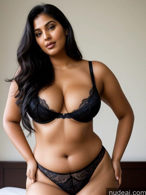 ai nude image of araffe woman in a black bra and black panties posing on a bed pics of Several Perfect Boobs Beautiful Big Ass Chubby Long Legs Perfect Body Tall 30s Sexy Face Seductive Black Hair Long Hair Indian Bedroom Close Up Vaginal + Creampie Bra Detailed Woman + Man