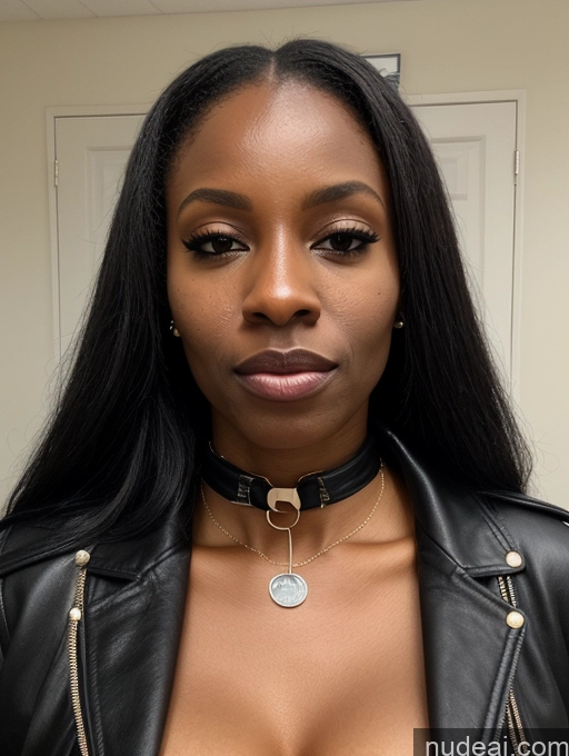 ai nude image of there is a woman wearing a black leather jacket and a gold necklace pics of Woman Skinny Small Tits 30s Sad Ponytail Front View Cumshot Jacket Leather Jewelry Choker Bra African