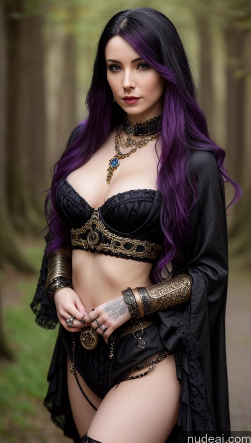 ai nude image of arafed woman with purple hair and a black outfit posing in a forest pics of Perfect Boobs Beautiful Small Ass 20s Blonde Brunette Ginger White Hair Black Hair Blue Hair Purple Hair Asian Skin Detail (beta) Goth Steampunk Victorian Jewelry Detailed Dark_Fantasy_Style Fantasy Style Jeff Easley