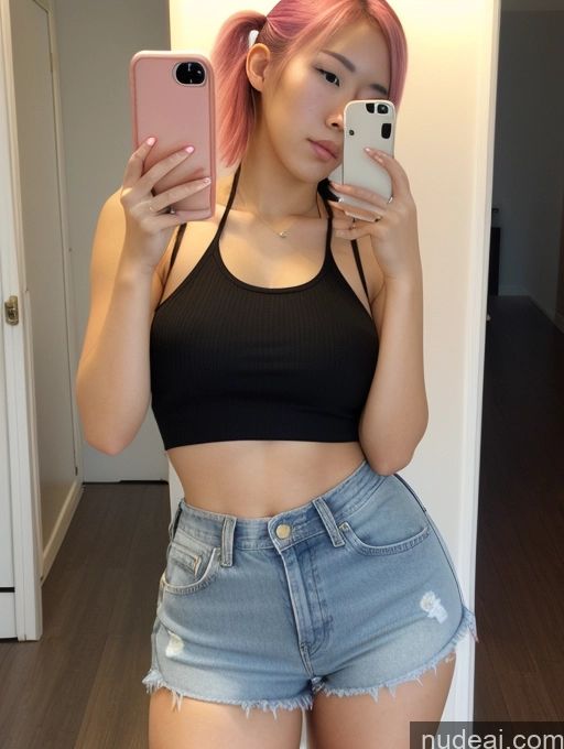 ai nude image of araffed woman with pink hair taking a selfie in a mirror pics of Woman Several Small Tits Beautiful Big Ass Small Ass Skinny Thick Fat Big Hips Long Legs Tall Pubic Hair 18 Serious Pink Hair Pigtails Japanese Mirror Selfie Front View Daisy Dukes