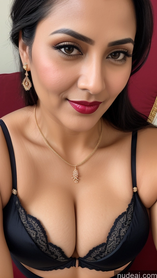 ai nude image of araffed woman in a black bra top and gold necklace pics of Woman One Lipstick Black Hair Slicked Indian Simple Detailed Busty Close-up View Bra Traditional Perfect Boobs 40s Stylish Cleavage